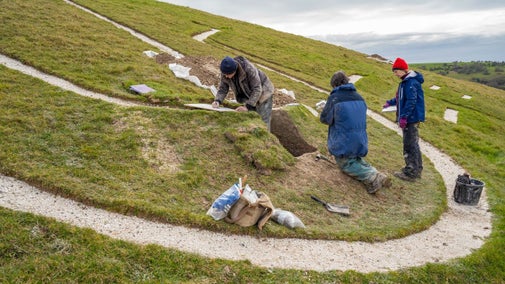Archaeologists taking samples from the giant
